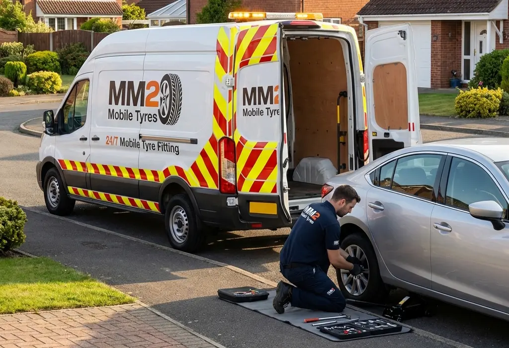MM2 Mobile Tyres technician fitting a tyre at a customer's location